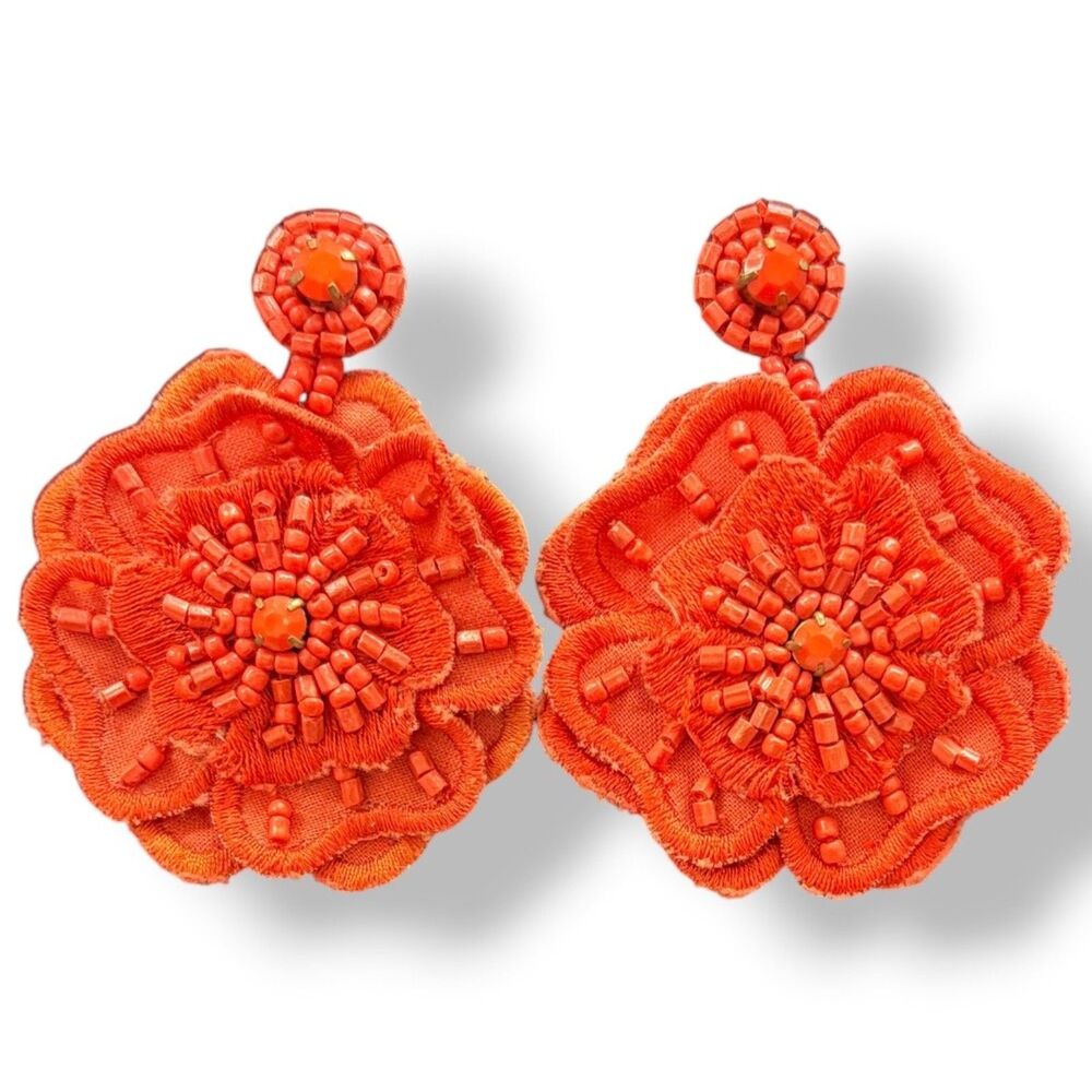 Stella & Dot Ella Grace Burnt Orange Hand-Beaded Fabric Flower Earrings